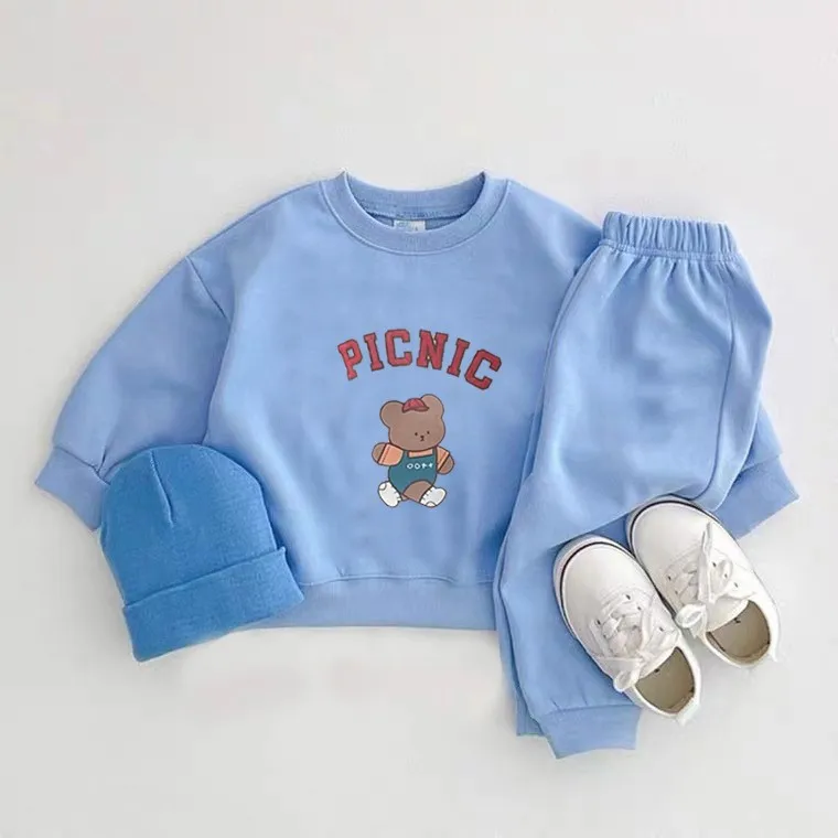 Cute Bear Printing Sweatshirts Suits Simple Casual Trendy Hoodies Sets Kid Loose Long-sleeved Tracksuits Children Autumn Clothes