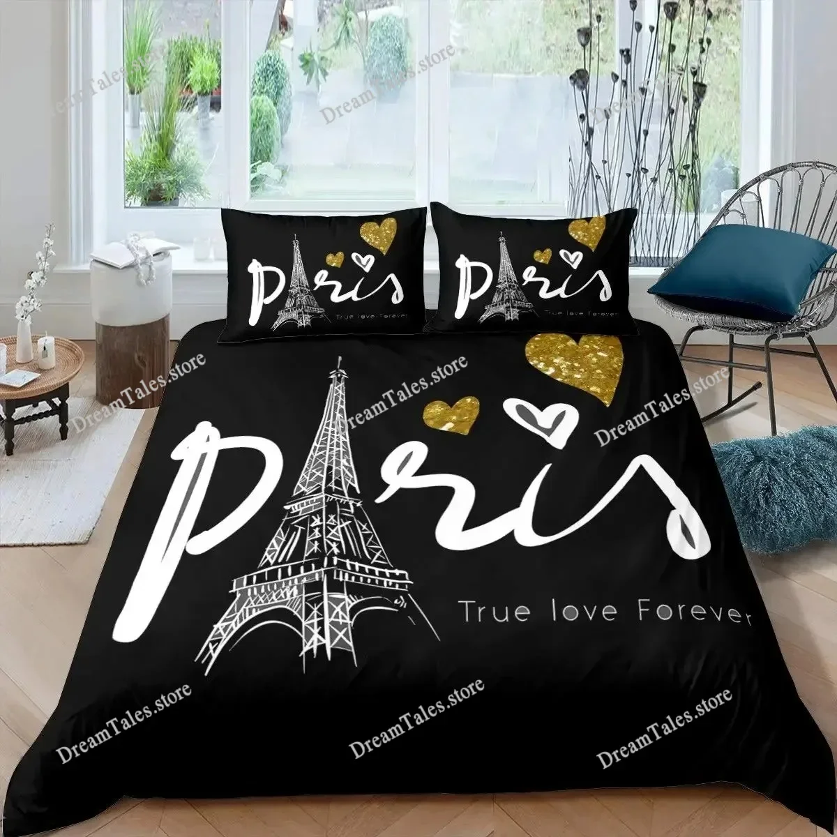 Eiffel Tower Quilt Cover Set KingQueen Size Paris Theme Bedding Set Girls Teens,Famous French Grey Cityscape Style Duvet Cover