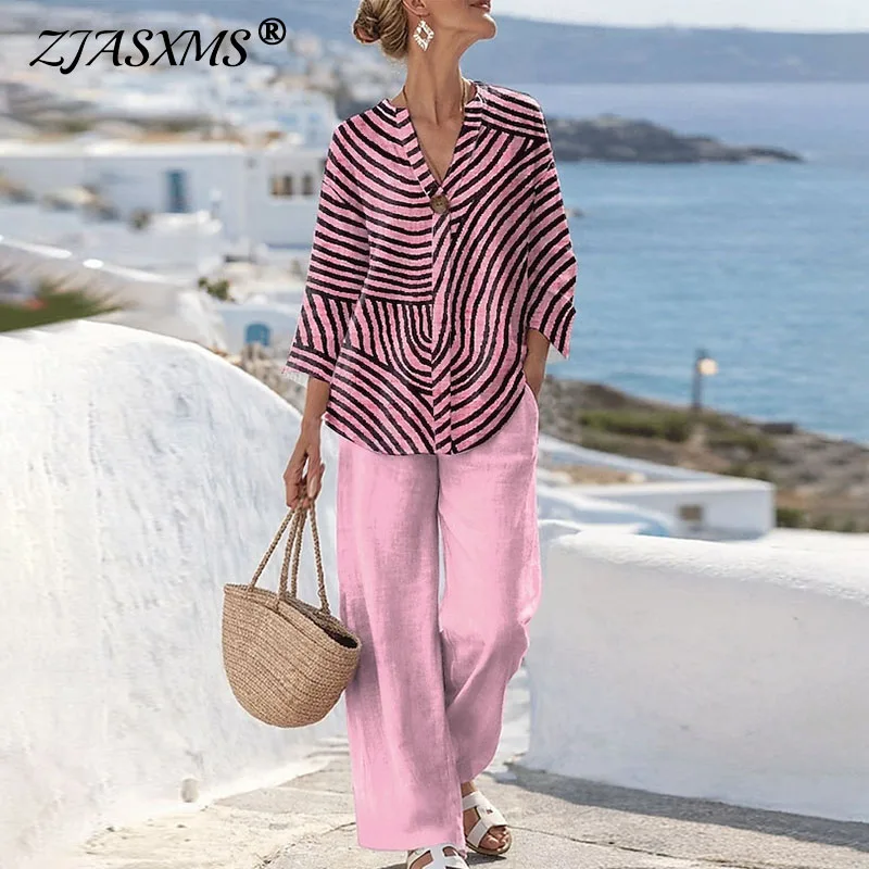 

Geometric Stripe Print Vacation Outfit Women V Neck 3/4 Sleeve Button Top Wide Leg Pants Two Piece Set Spring Summer Casual Suit