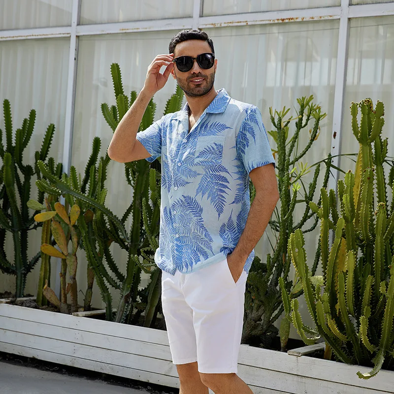 Summer Men's Casual Loose Beach Wear Maple Leaf Printed Short Sleeve Shirt