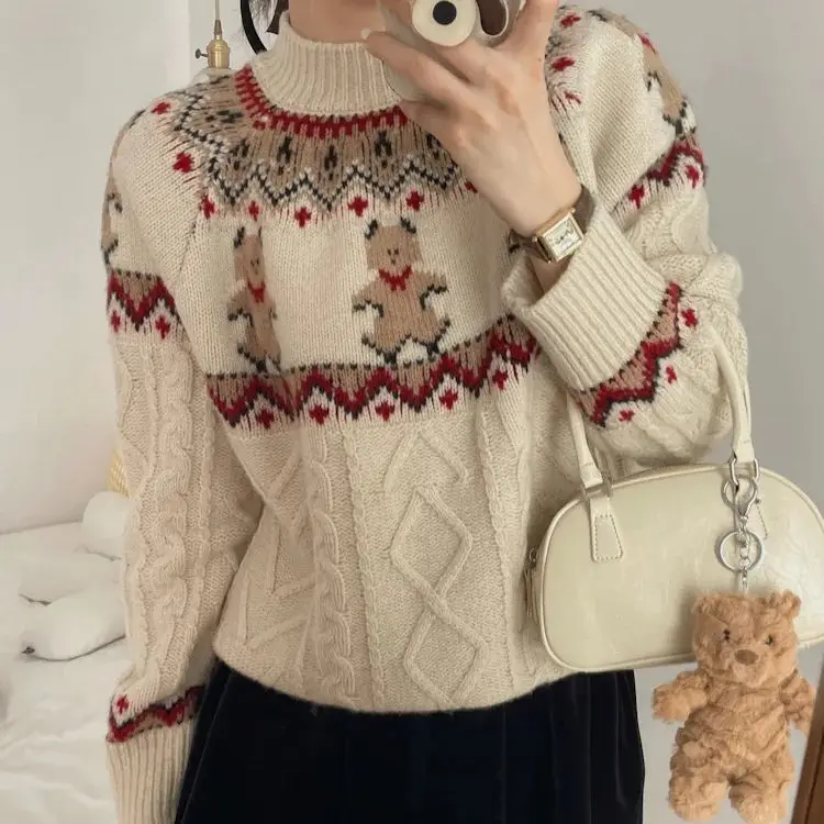 

Hsa Women Korean Cookies Sweater and Jumpers Christmas Sweater Women Bear jacquard Thick Autumn/Winter Korean Pullover and Tops