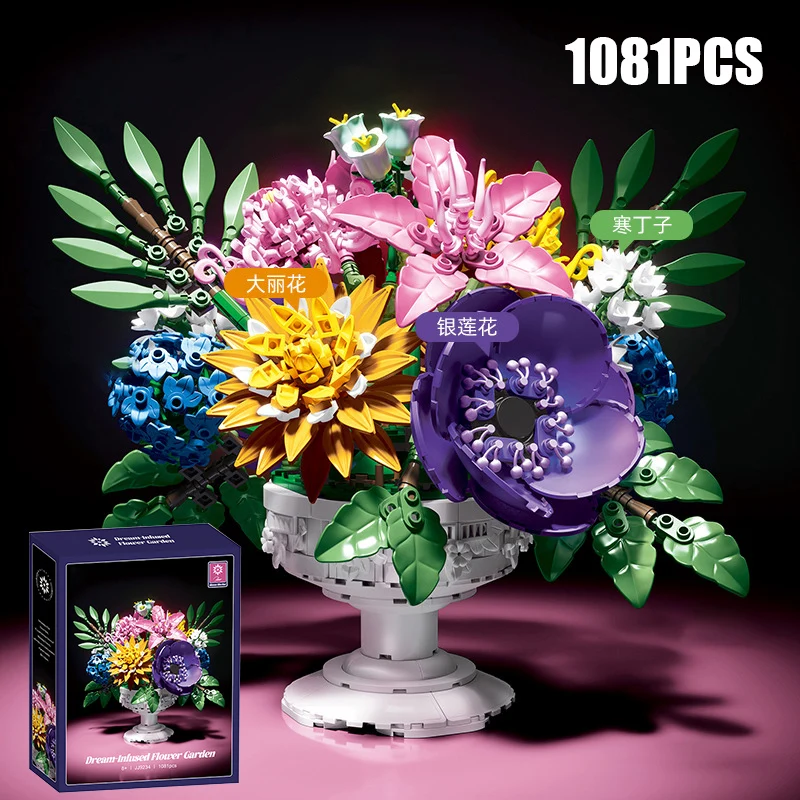 Kreatywny zestaw klocków 1081 elementów Ogród Kwiatowy Bonsai Dekoracja Domu Wieczny Bukiet Kwiatów Klocki MOC Zabawki Prezent na Walentynki