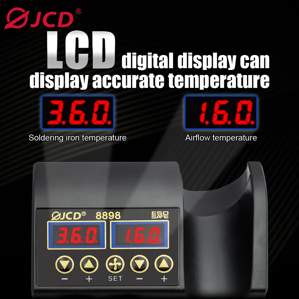 JCD 2 in 1 Hot Air Gun 800W LCD Digital Rework Soldering Station Electric Soldering Iron for Phone PCB IC SMD 8898 Welding Set