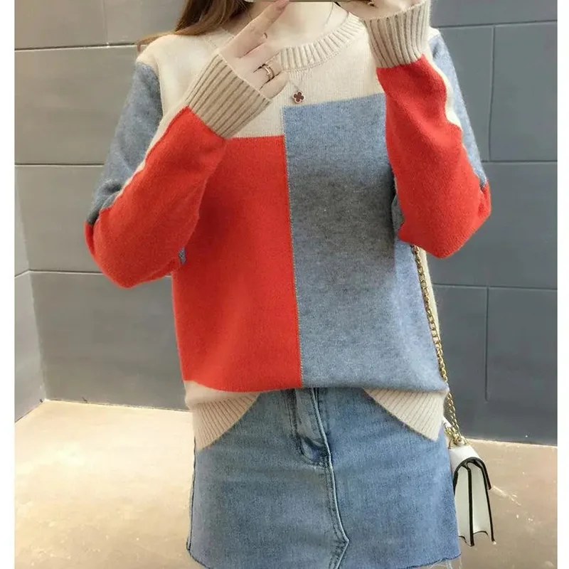 Autumn Women Patchwork Knitted Warm Sweater O-Neck Long Sleeve Sweet Pullovers Women Loose Casual Sweater Winter 2023