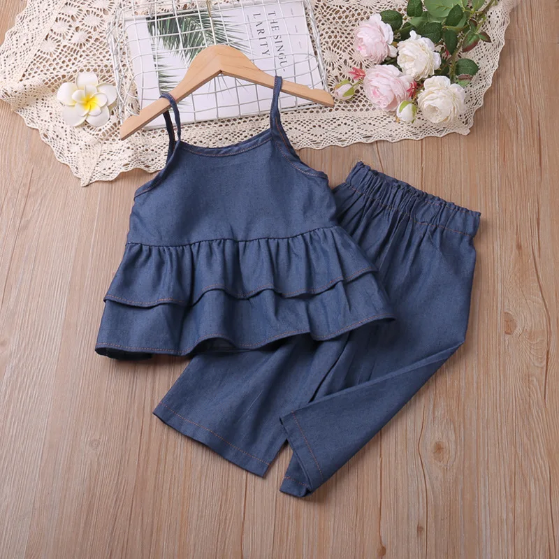 2026 Summer Baby Girls Clothes Set Casual Vacation Style Cowboy Camisole Top + Wide Leg Pants child 2PCS Kids baby Outfit