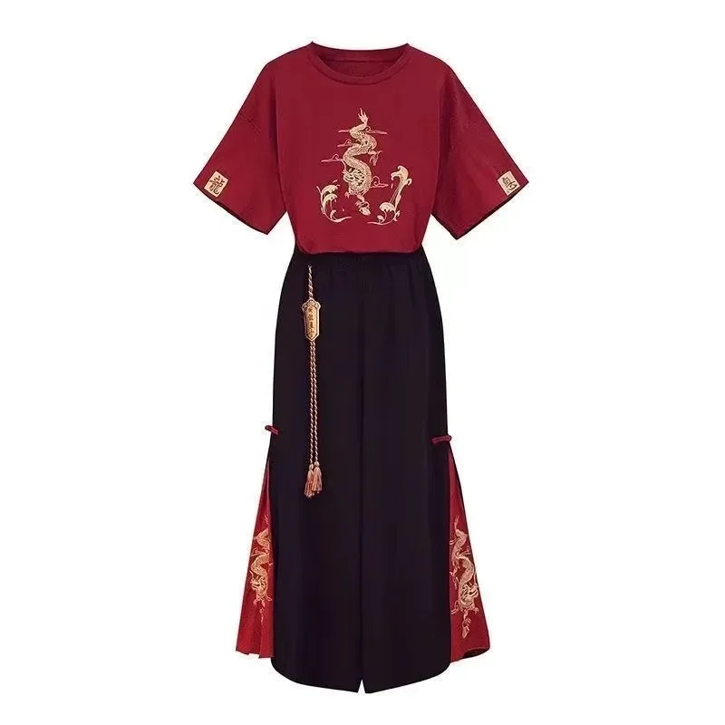 

2025 New Japanese Harajuku Tee Tops Chinese Style Tang Suit Women Casual T-shirt Wide Leg Kung Fu Pants Set Oriental Clothing