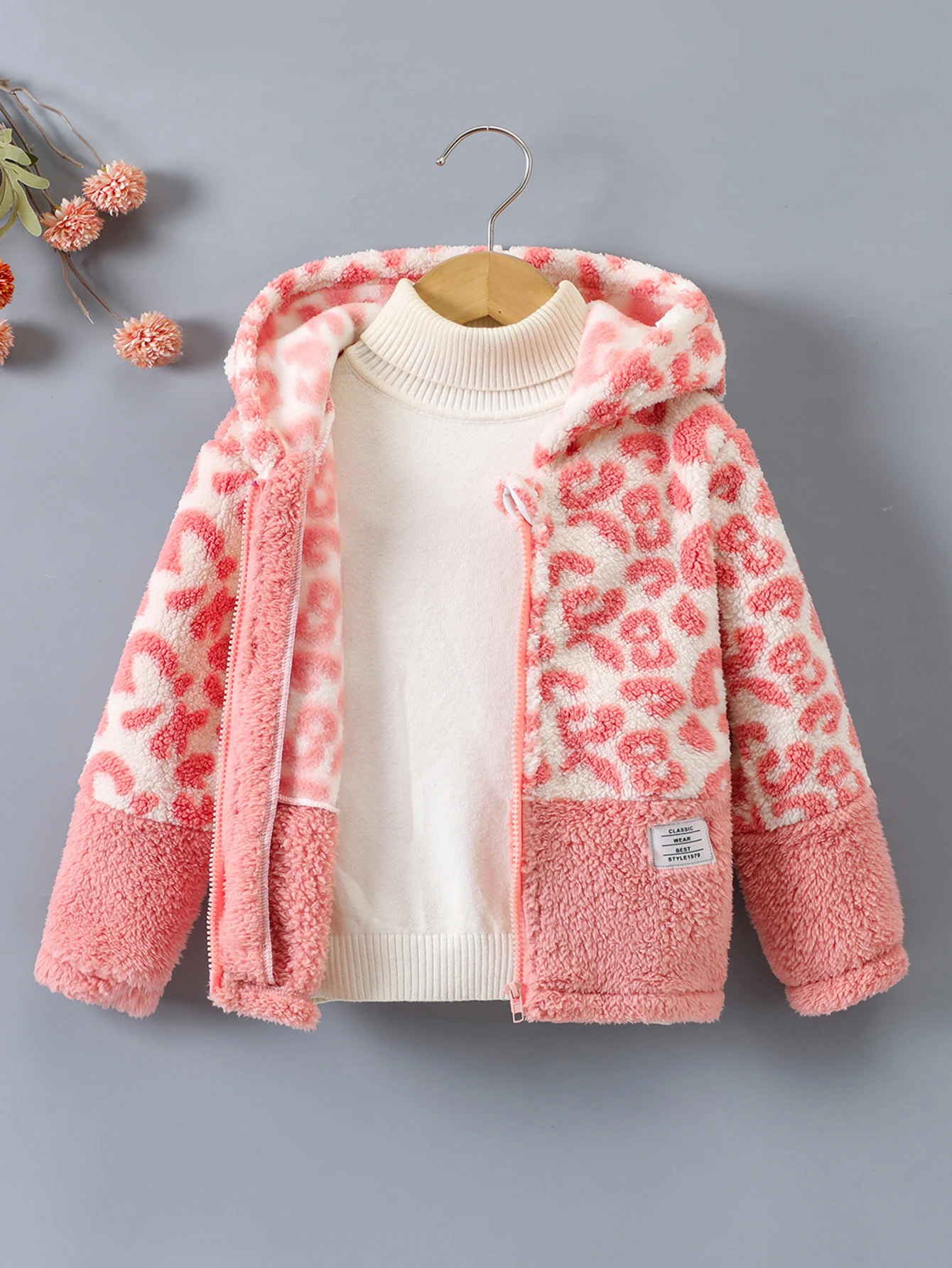 Girls Autumn and Winter Fashion Leopard Print Color Patchwork Warm Comfortable Plush Cardigan Fleece Hooded Coat