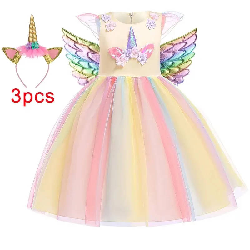 Girl Unicorn Halloween Fancy Princess Dress Teen Girls Rainbow Colorful Cosplay Costume Kids Birthday Party Dresses Tulle Wear