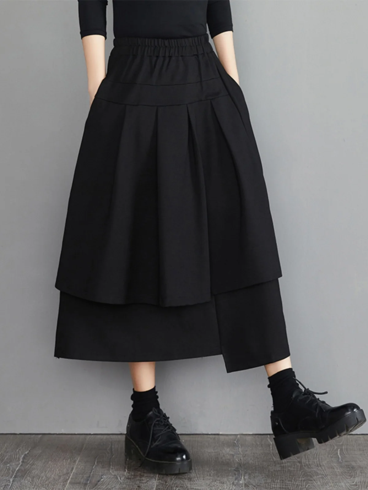 #3029 Black False Two Piece A-line Skirt Women Split Joint High Waist A-line Skirt Female Loose Irregular Streetwear Skirt Femme