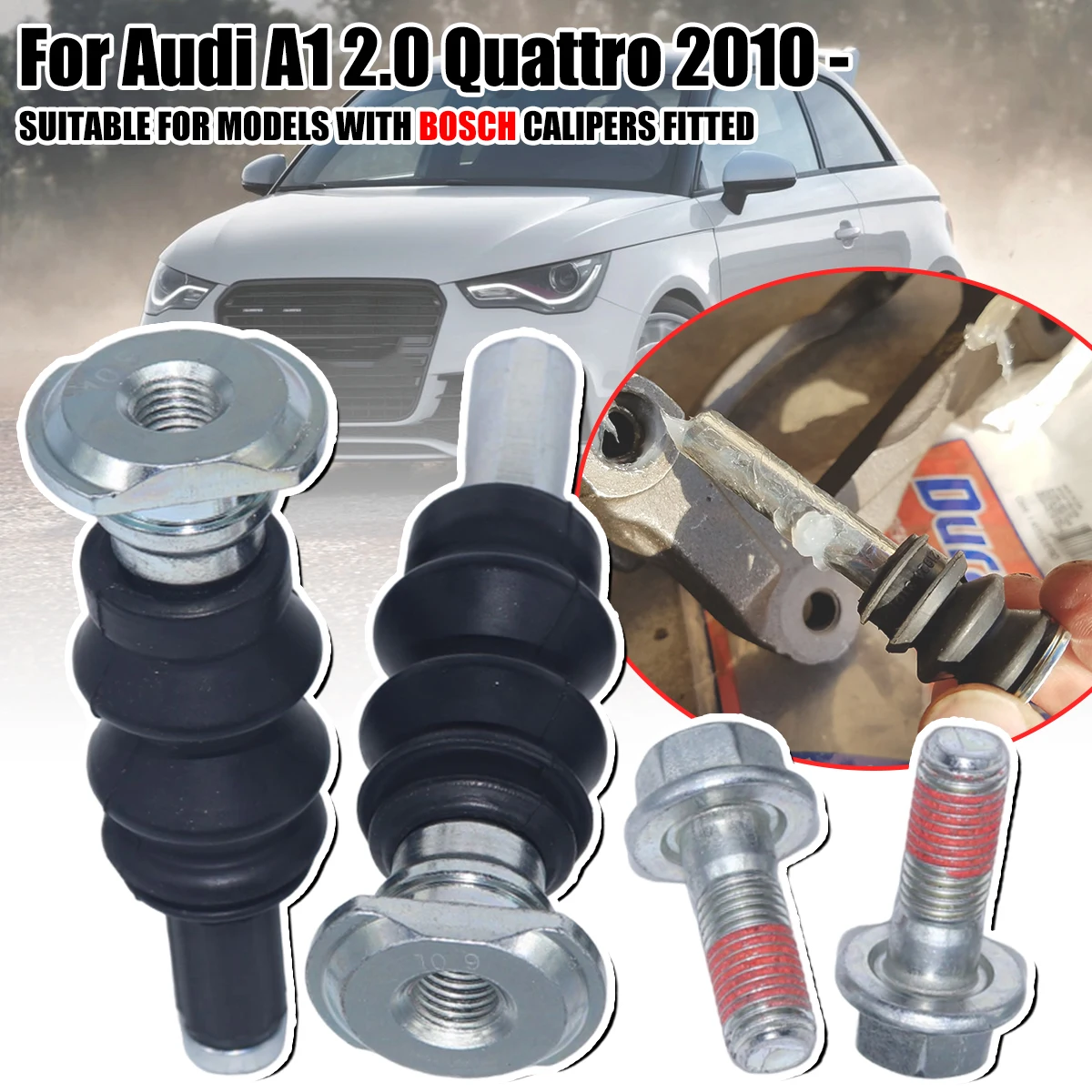 

For Audi A1 2.0 Quattro 2010- Rear Brake Caliper Slider Guide Pins Bolt Kit Left Right Disc Housing Bellows Sleeve Bushing Seal