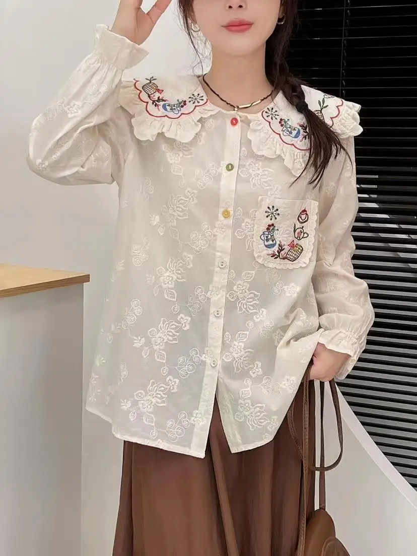 Sweet Mori Girl Cartoon Embroidered Shirt Female Peter Pan Collar Blouse Women Japan Style Autumn Cotton Long Sleeve Shirts