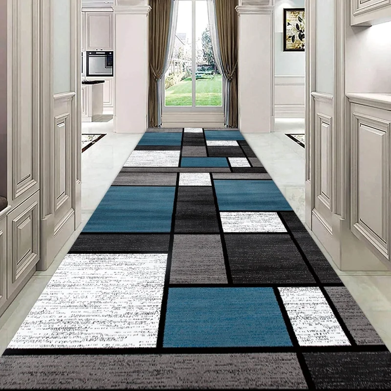 VIKAMA Blue Grey Black Block Runner Rug Anti Slip Washable Modern Geometric Patchwork Long Hallway Floor Home Decor