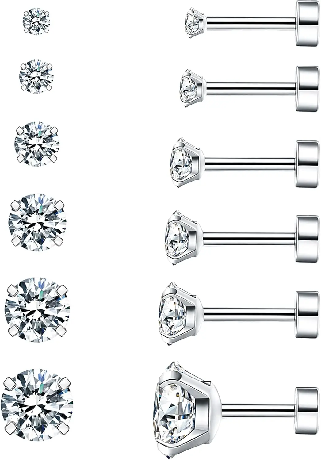 

6 Pairs Hypoallergenic Cubic Zirconia Earrings, Surgical Steel Flat Back Studs for Cartilage and Fashion Jewelry
