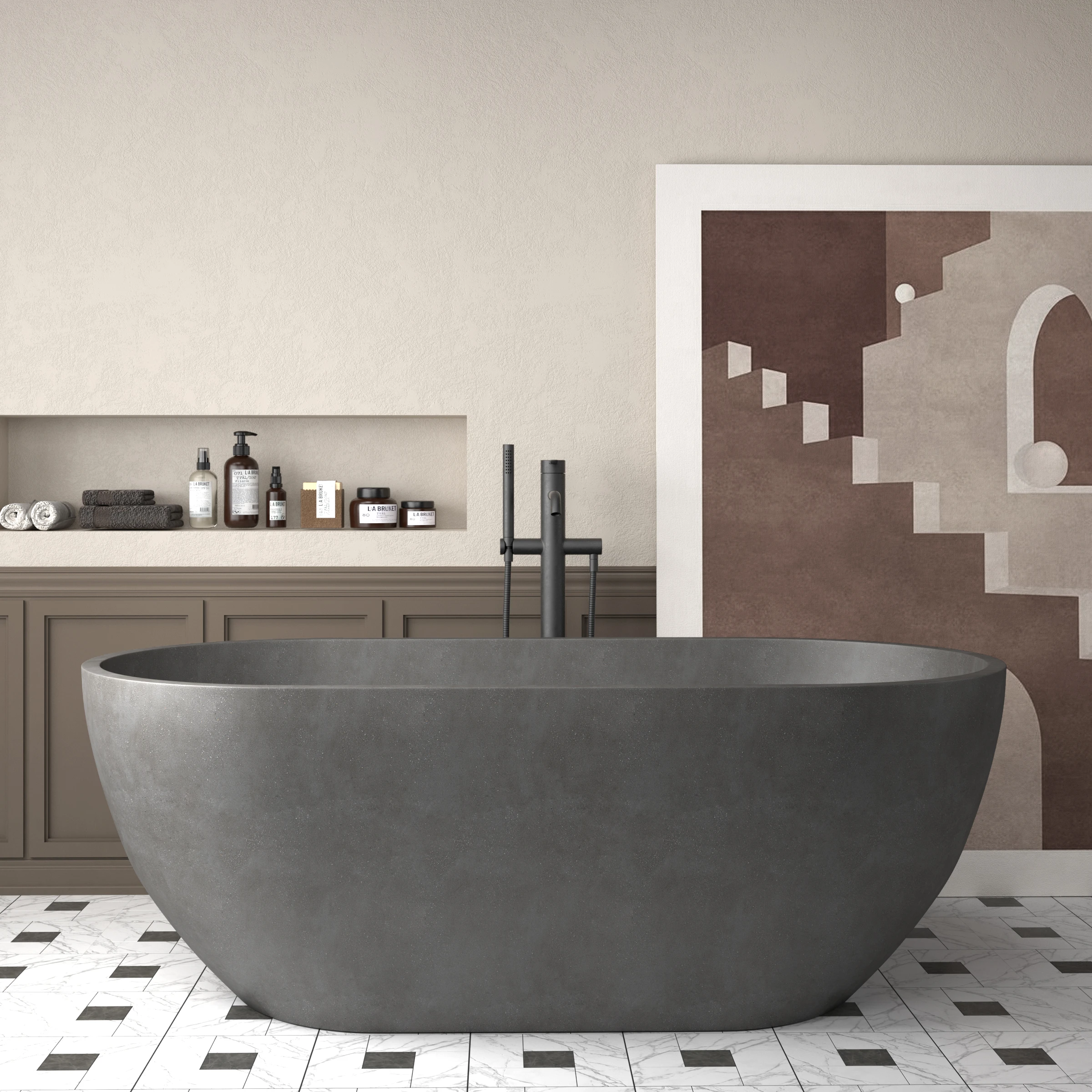 CONRAZZO New Oval Shape Natural Concrete Sandstone Luxury Hotel Project Free Standing Bathroom Bathtub
