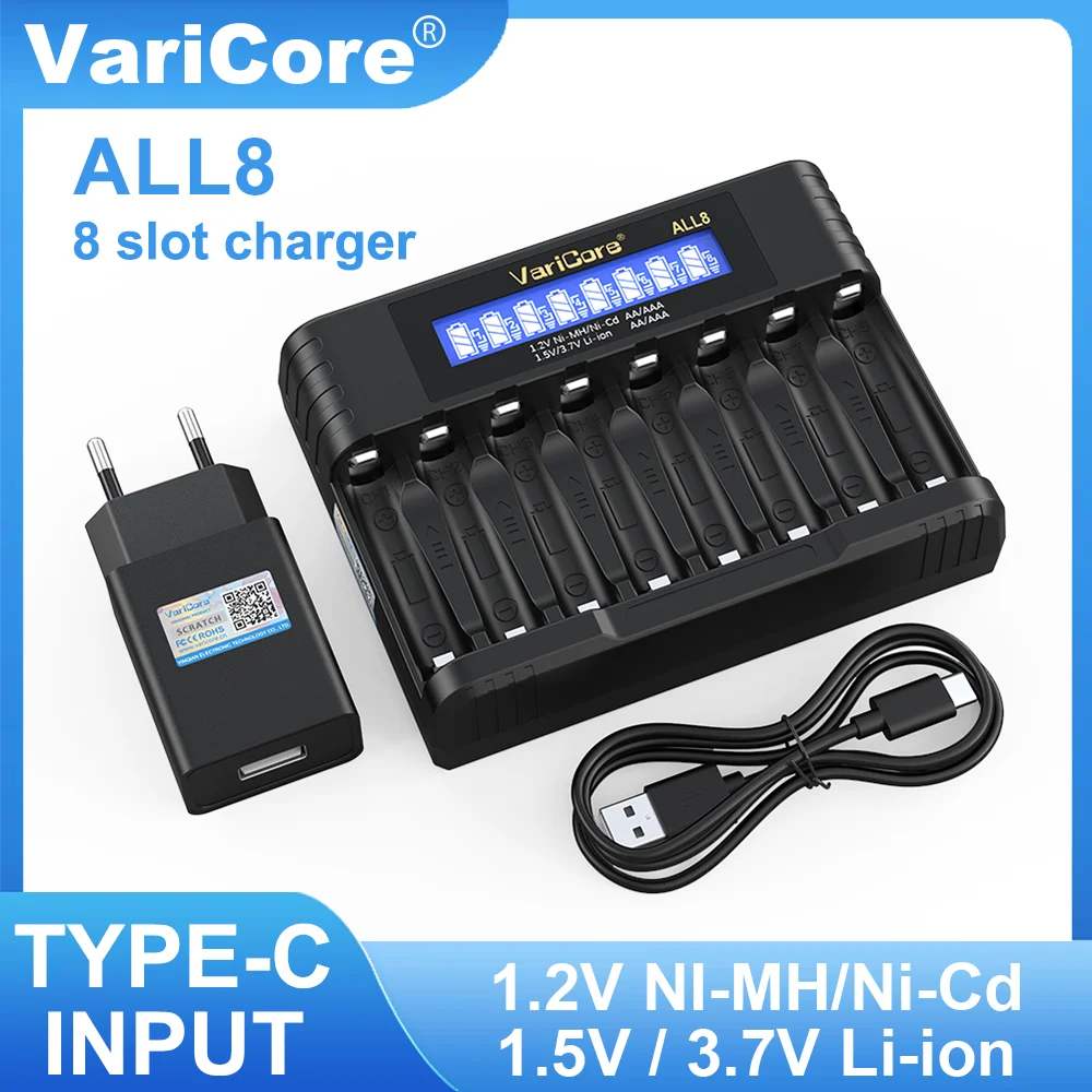 

VariCore ALL8 AA/AAA 8-slot smart Battery Charger for 1.2V Ni-MH AA & 1.5V Li-ion AA 3.7V Li-ion 14500 10440 With LCD Screen