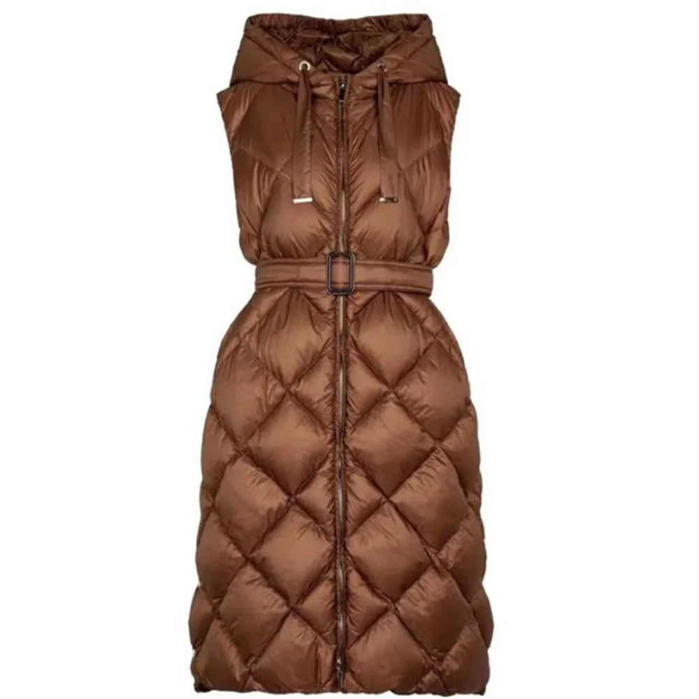 Piumino alto gilet donna vita lunga cintura aderente zip bianco piumino d\'anatra cappuccio Lingge addensato inverno