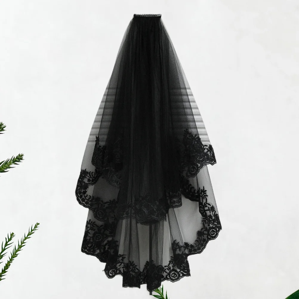 Véu longo de renda preta, acessório de tule para casamento, noiva, elegante para fotografia, cosplay, festa de halloween, noiva, véu de casamento