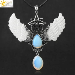 Merkaba Water Drop Crystal Necklace Natural Stone Pendants Vintage Angel Wing Jewelry Opal Obsidian Rose Quartz Necklaces G780