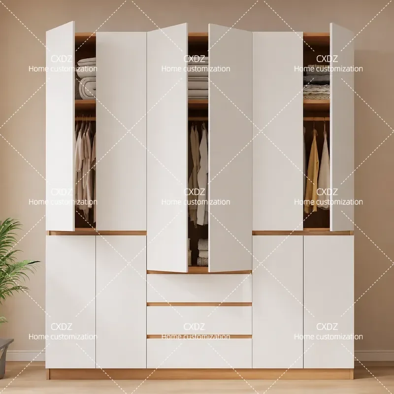 Solid Wood Oak Wardrobe Handle-Free Segmented Storage Cabinet Simple Modern Finished Closet for Master Bedroom Home