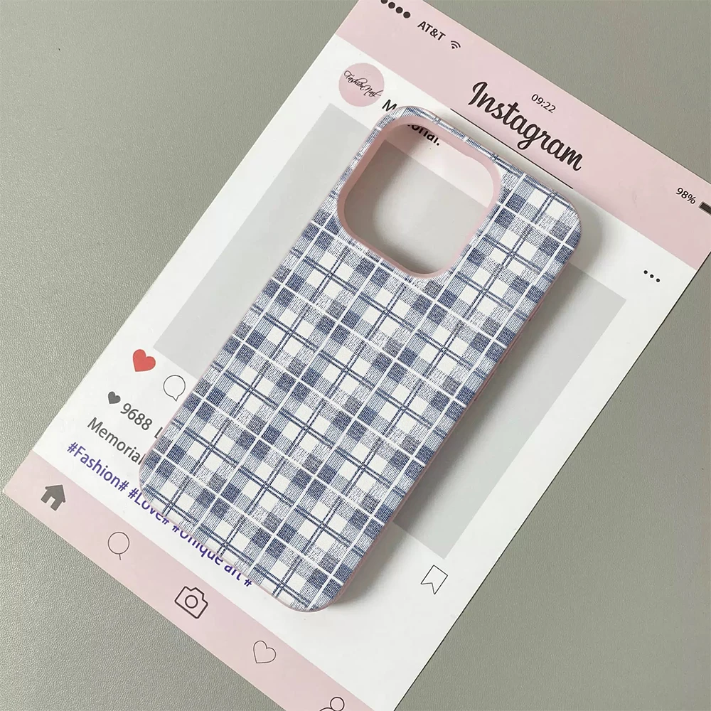 Blue White Plaid Lichee leather pattern Phone Case For Samsung S26 S25 S24 S23 S22 S21 S20 S10 Plus FE Ultra 4G 5G Shockproof