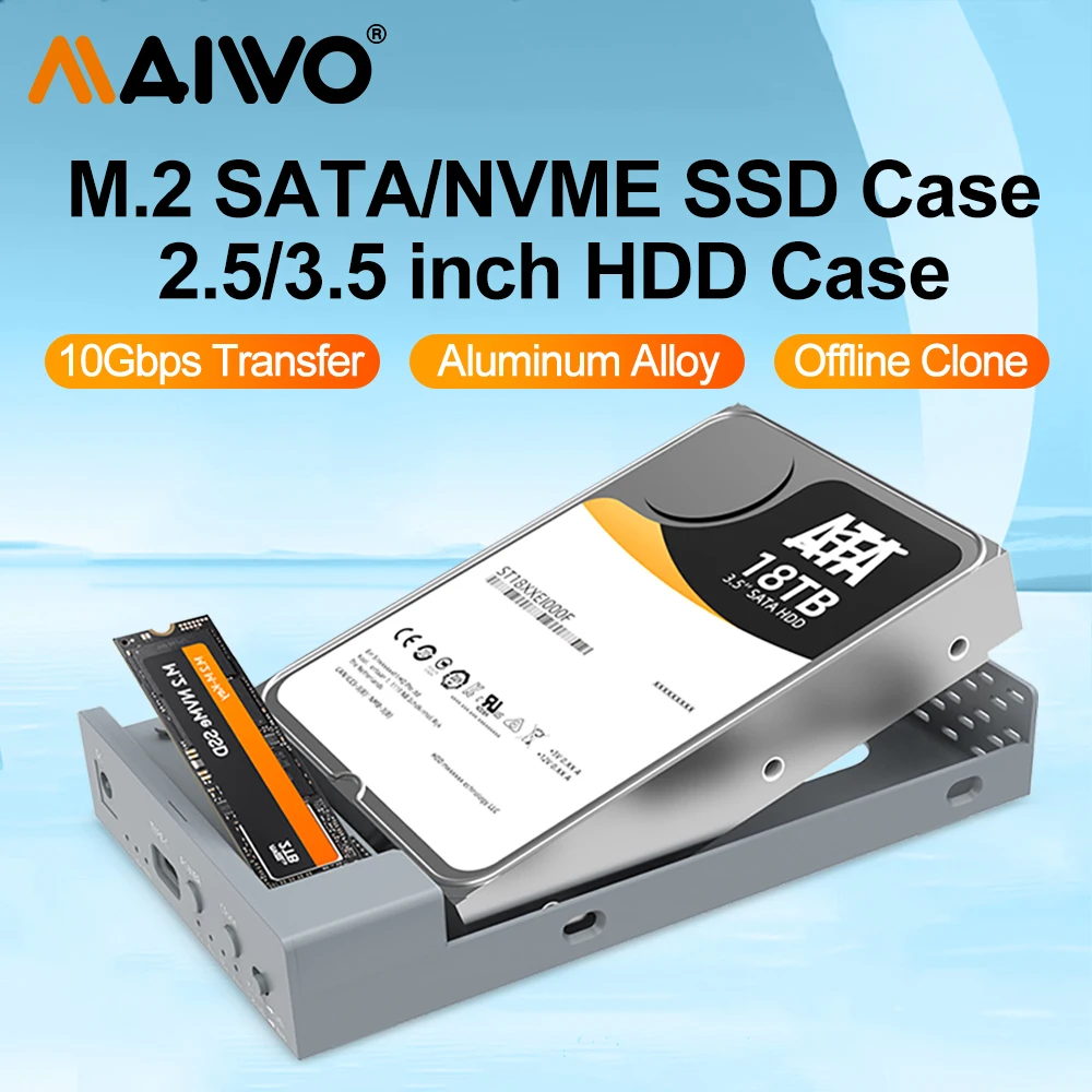 MAIWO M.2 sarung SSD NVMe 10Gbps PCIe portabel M.2 SSD 2.5 "3.5", penyimpanan eksternal HDD untuk casing USB C Laptop PC