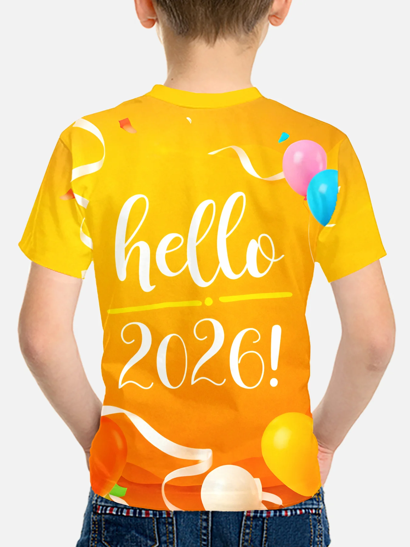 تي شيرت بالون أصفر وبرتقالي متدرج للأطفال "Hello 2026"، طباعة رقمية ثلاثية الأبعاد، 100% بوليستر، ملابس يومية/خارجية للعام الجديد #2