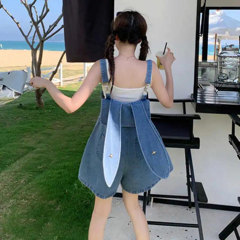 

Elegant Rabbit Ear Denim Overalls Women's Summer plus Size Slimming Short Pants High Waist Blue Jeans Fashionable Small Stature