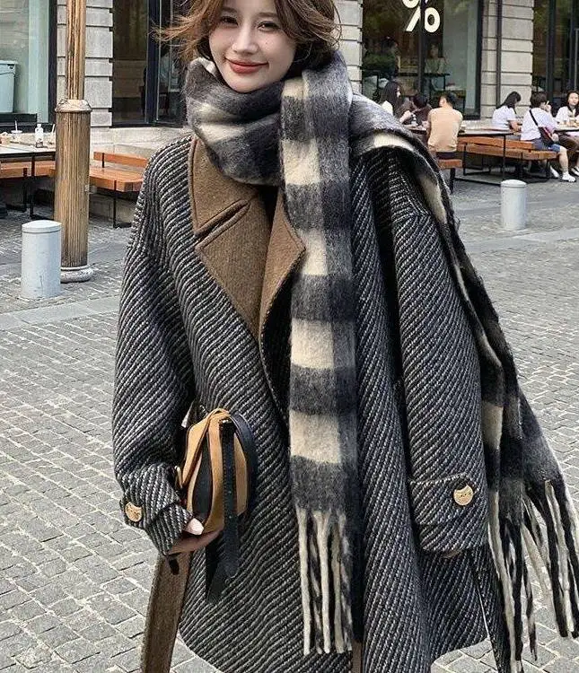 

Шерстяные пальто, женское шерстяное пальто, элегантное женское осеннее пальто из ангоры с регулируемой талией и зубчатым воротником, уличная одежда OL