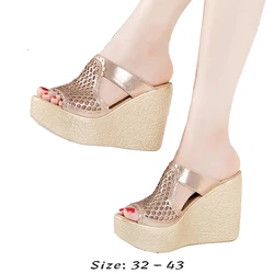 High quality wedge sandals for women 8cm 11cm high heel 2023 summer size 32 33 42 43 platform open toe fashion shoe black gold