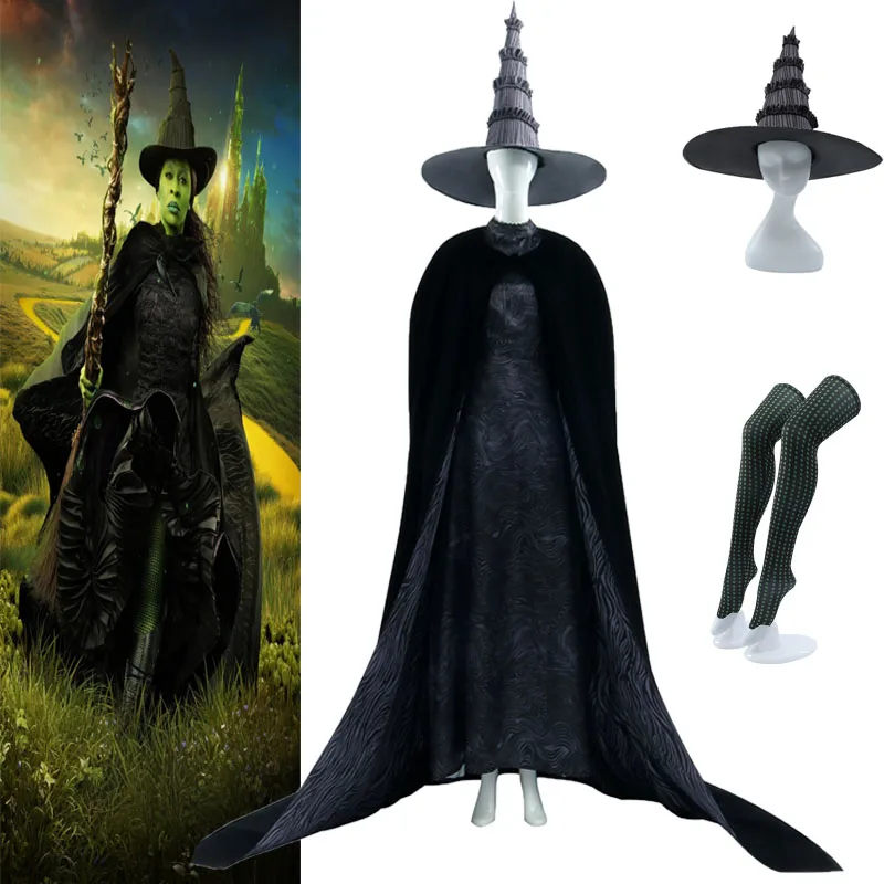 

Wicked Elphaba Cosplay Costume Black Witch Dress Hat Socks Halloween Carnival Role Play Clothes Outfit for Women Full Set Suit