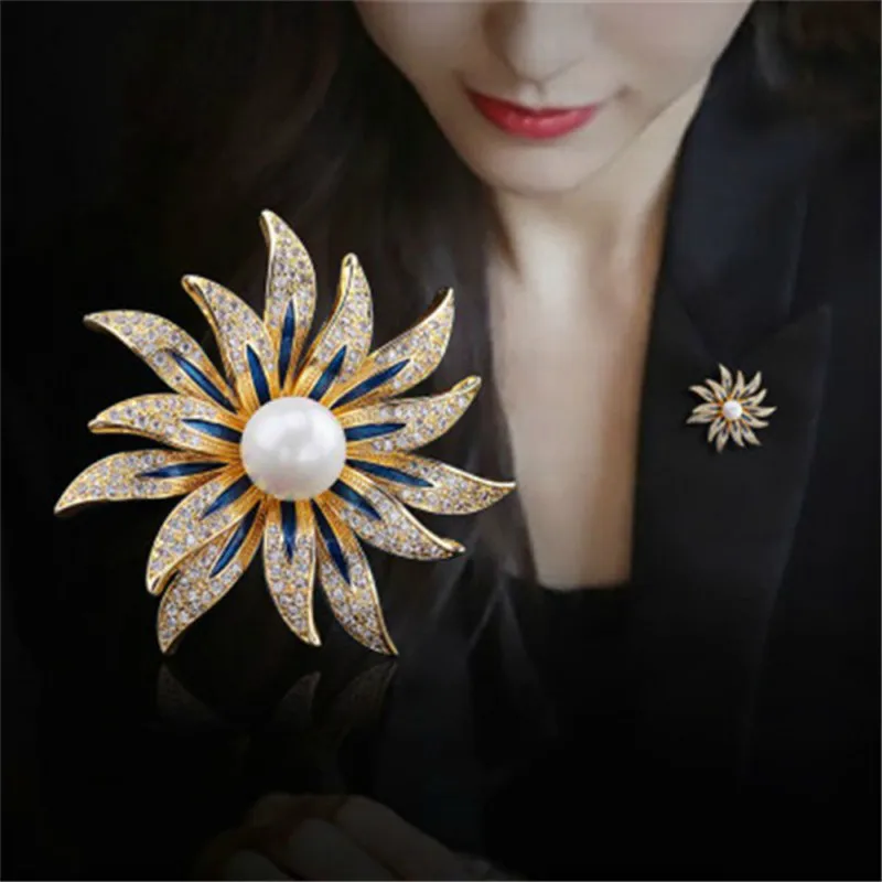 Sun Flower Brooch Imitation Pearl Brooches For Women Gift Fashion Lady Clothes Jewelry Hijab Pins Broach Accessories