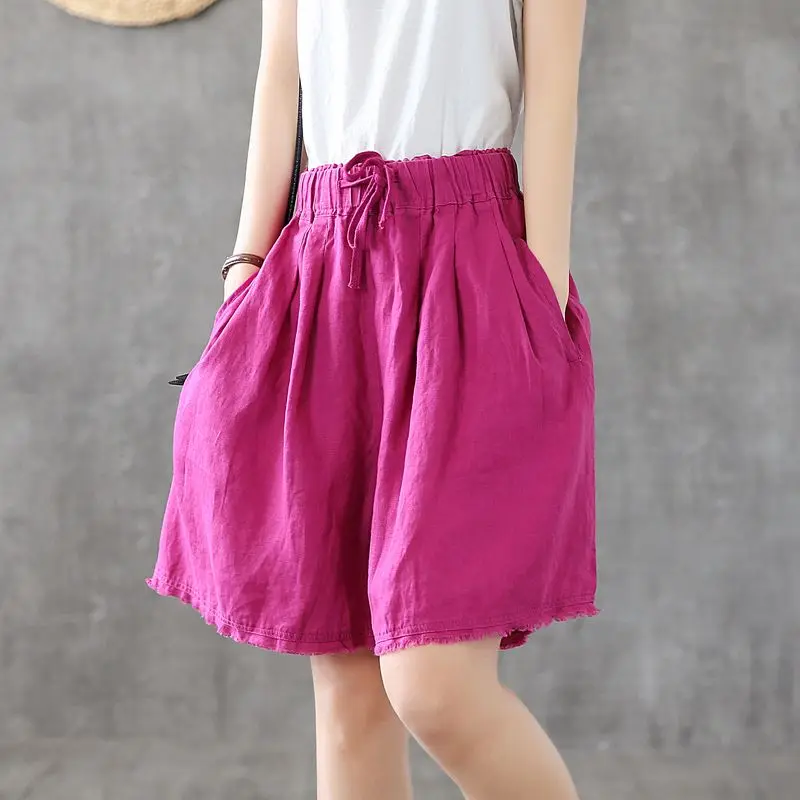 

Women Summer Simplicity Loose Elegant Cotton and Linen High Waist Wide Leg Women Clothes Casual Appear Thin Thin Quarter Shorts