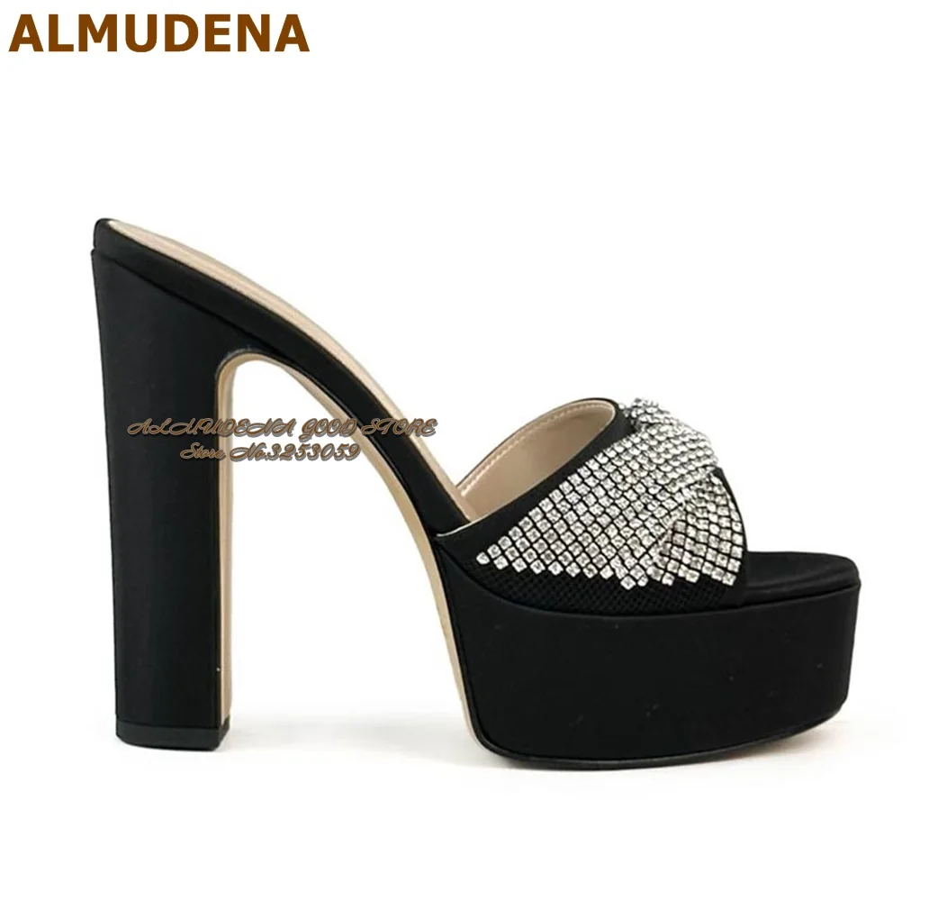 ALMUDENA Bling Bling Silver Crystal Butterfly-knot Modern Slippers Black Satin Cloth Chunky Heel Platform Glitter Sandals