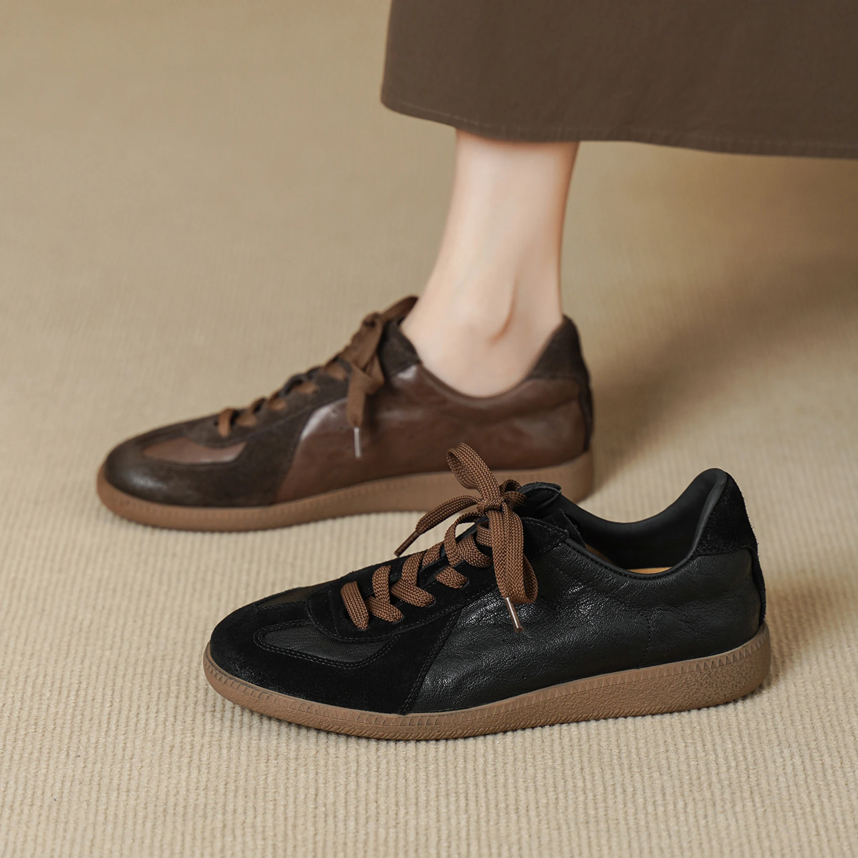 2026 new spring autumn women pumps natural leather 22-25cm sheepskin+cow suede+pigskin+cowhide lace-up mixed color women shoes