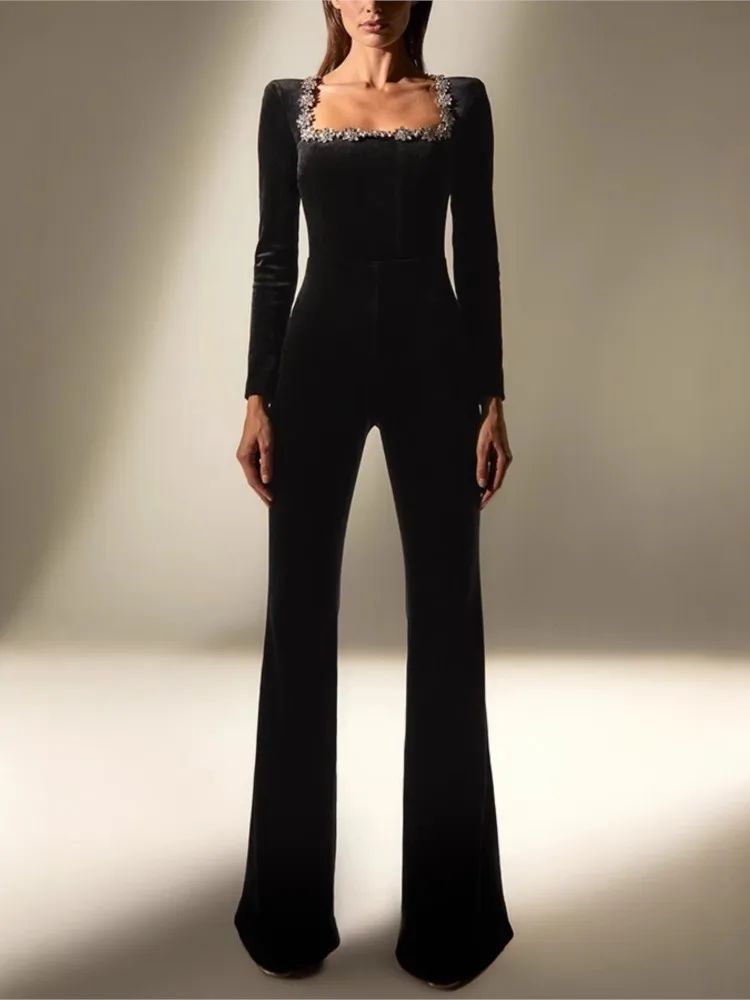 New Diamond-inlaid Velvet Square Collar Long-sleeved Slim Flared Jumpsuit Trousers Women's Autumn Intellectual Style Jumpsuit