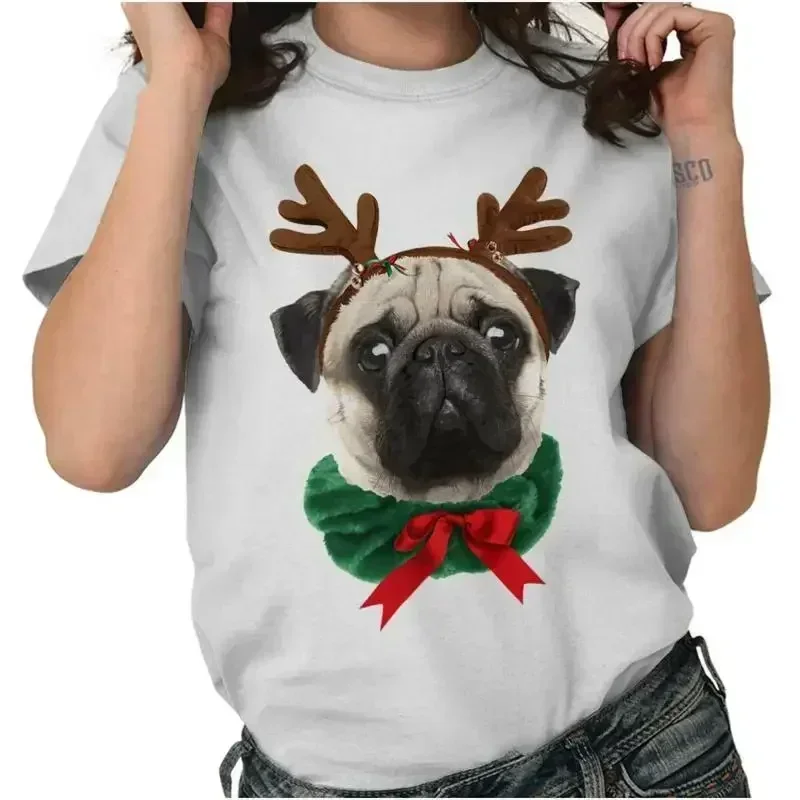 Cute Christmas Dog Xmas Reindeer Pug Wreath Womens or Mens Crewneck T Shirt Tee