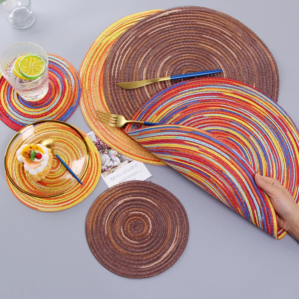 

2Pcs Heat Resistant Placemat Cotton Handwoven Round Table Mat for Home Protection Colored Pattern 30cm Cup Plate Pot