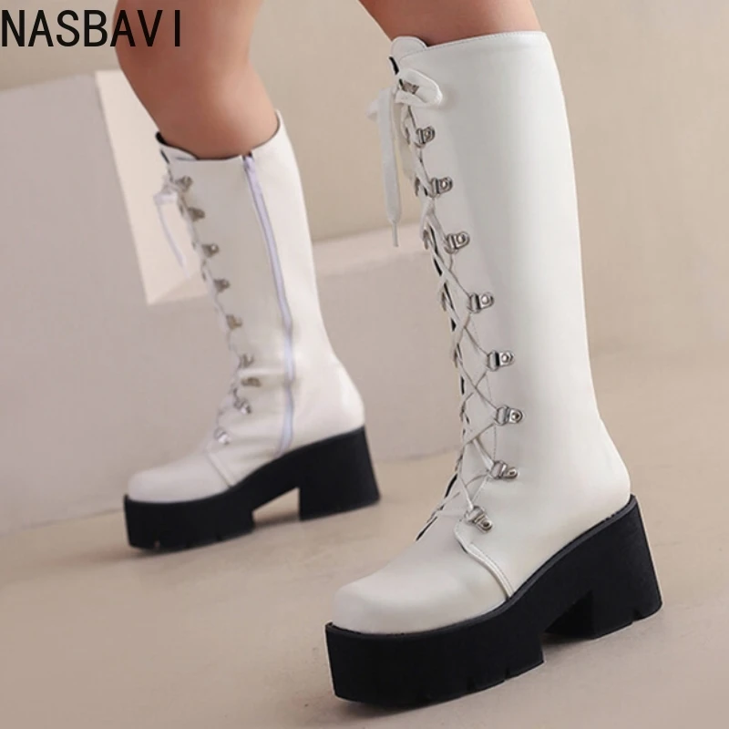 

Зимние сапоги до колена на платформе, черно-белые женские высокие сапоги, пикантные модные длинные вечерние туфли на высоком каблуке в стиле панк, женская обувь