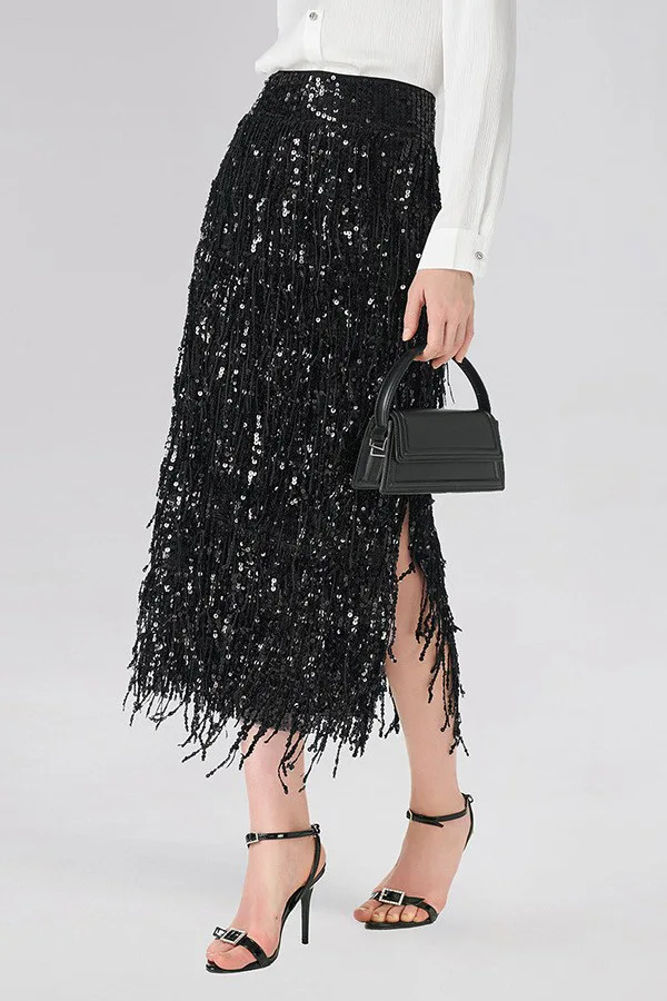 Tassel Sequin. Skirt Women's Solid Color Long Skirt With Fatigue Fashionable One-step Skirt 8220 Birthday Dress Elegant Clothing