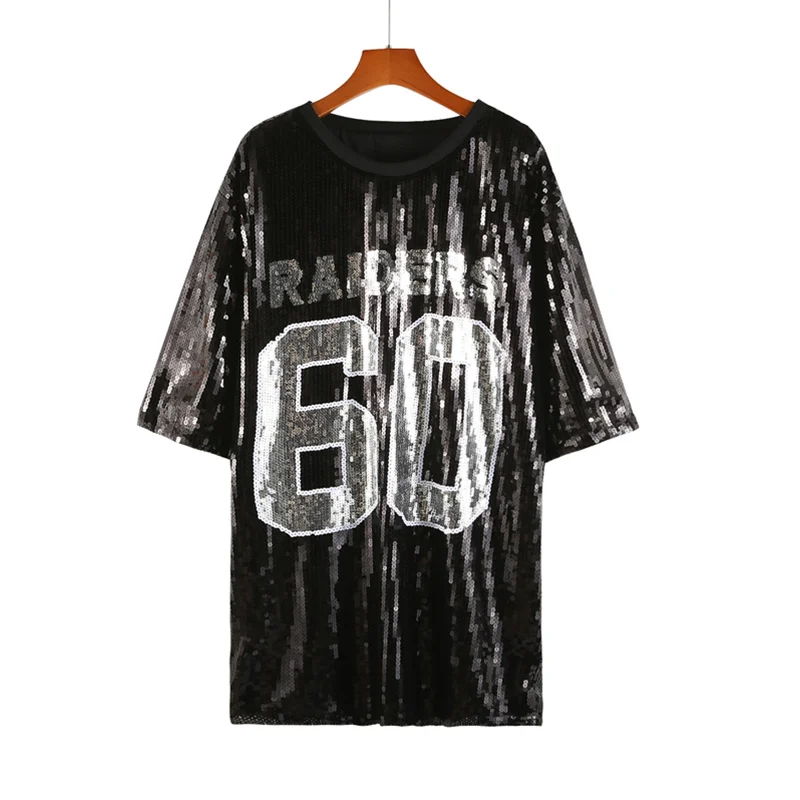 

Summer New Sequins Streetwear Digit Letter Short Sleeve T-Shirt Round Neck Hip Hop Straight Night Club Fashion Women's Top