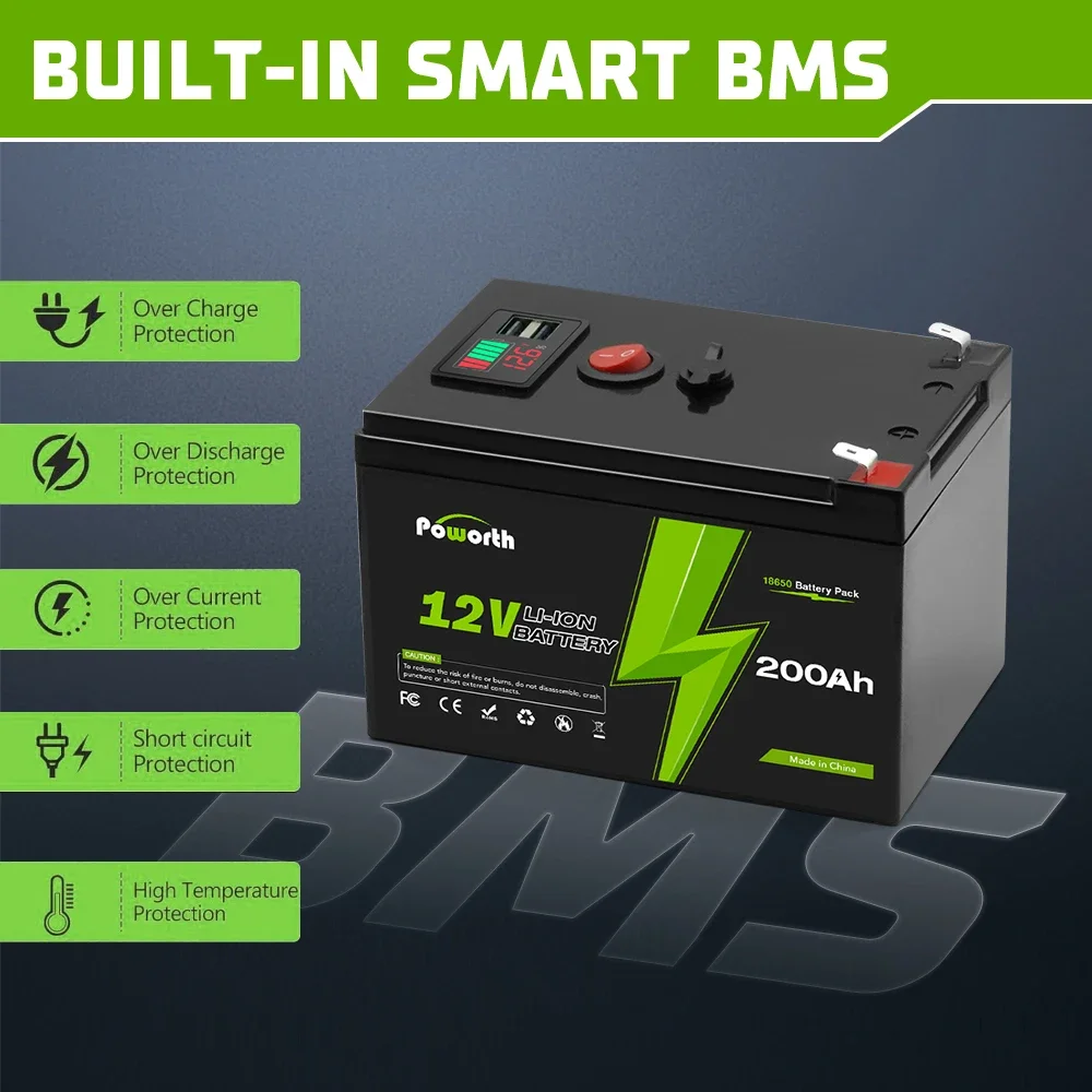 12V 200Ah Lithium LiFePO4 Deep Cycle Battery, 4000+ Cycles Rechargeable Battery for Solar/Wind Power,Small UPS,Lighting,and More