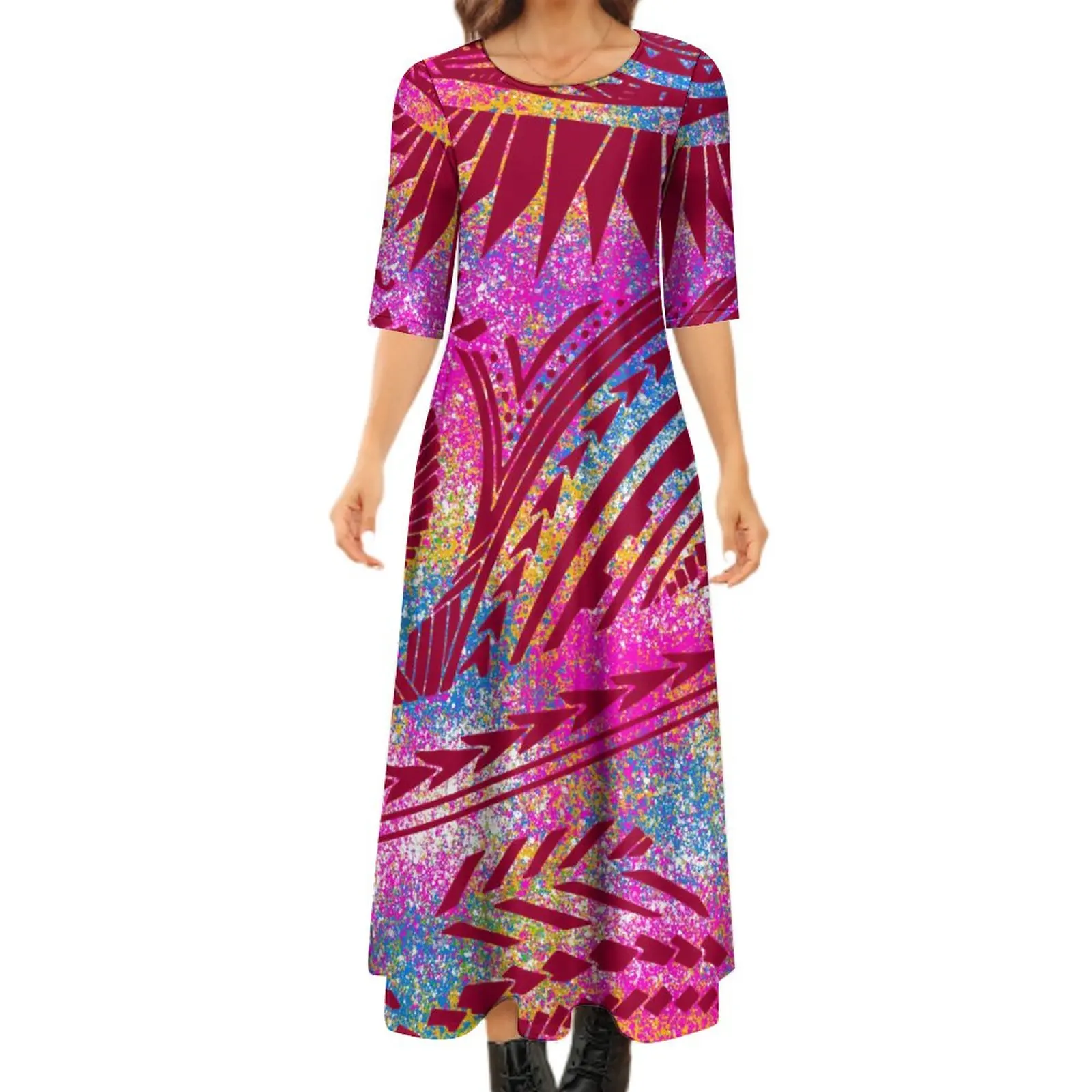 PIA-Tribal Tapa padrão maxi vestido para mulheres, vestido de várias camadas, personalizado Samoa e arte polinésia, arte do verão, novo