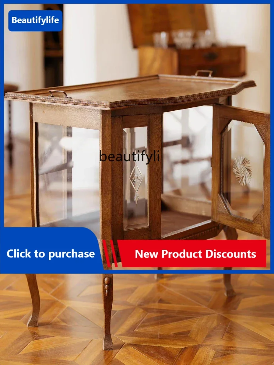 C85 American-Style Solid Wood Display Cabinet   Console Curio Carved Wine   Antique Style Curio Cabinet  Small Side Cabinet