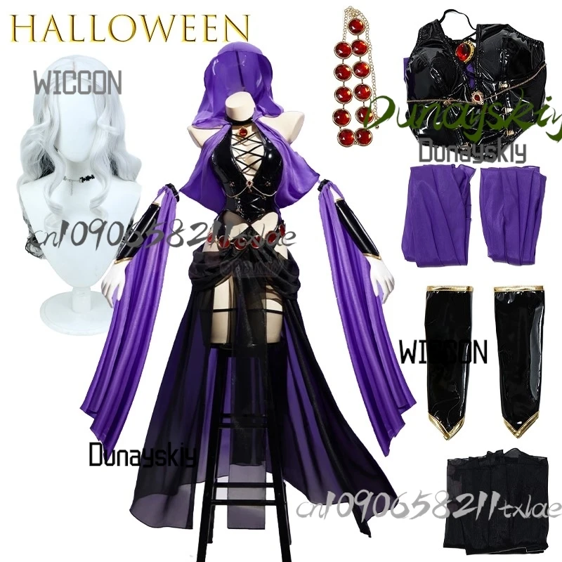 Serein Cos Store-vestido de bailarina morada para banquete de bruja, disfraz de Cosplay de bruja con capucha de cuero PU, gótico, Sexy, Halter negro