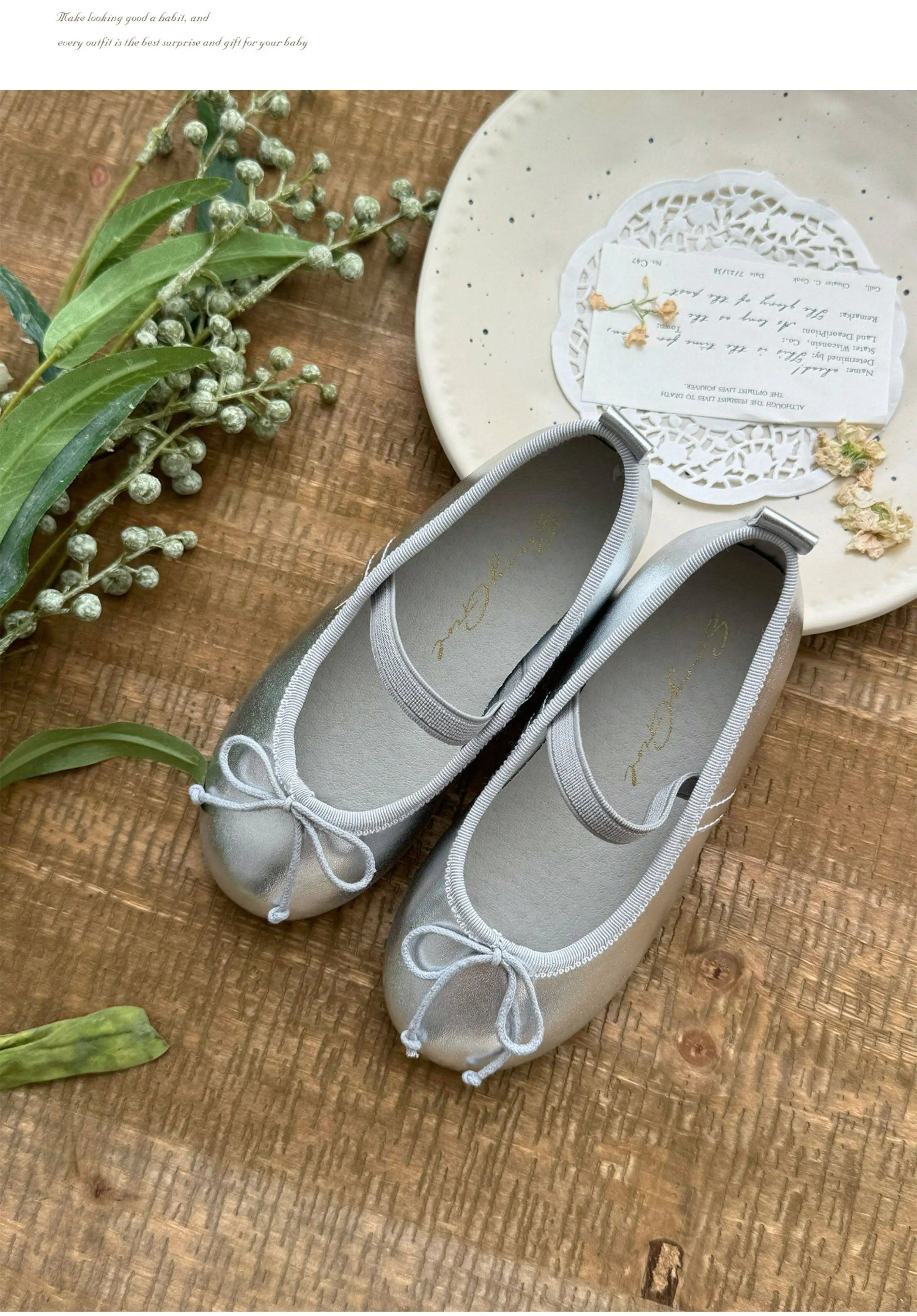 Mädchen Metallic-Silber Ballett Mary Jane Flats Schleifenknoten Elastischer Riemen Runde Zehenpartie Süße Lolita Flache Schuhe für den Alltag – Detail 21