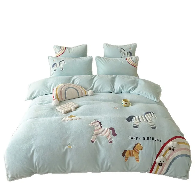 Class A autumn and winter milk fleece three or four-piece set cartoon cute pony sticker embroidered small fresh bedding