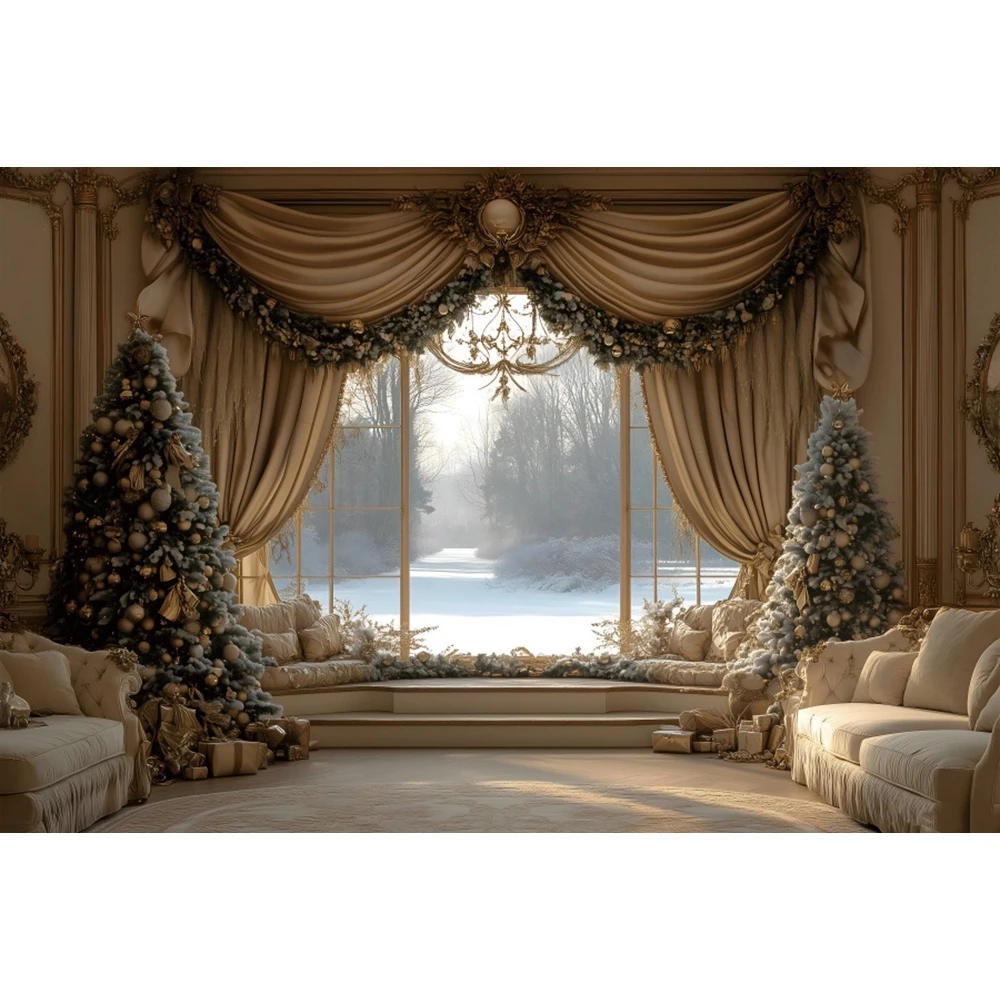 Indoor Christmas Photography Backdrop Christmas Tree Window Curtain Gifts Family Party Kids Portrait Xmas Photo Background Decor