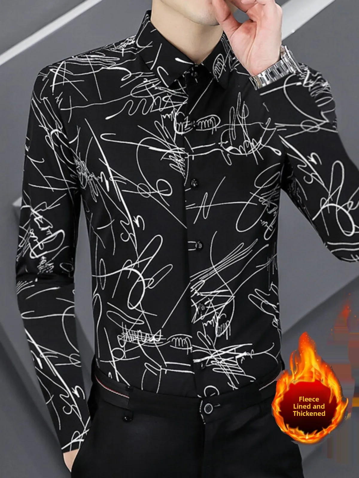 

Autumn Winter Men's Faion irt Fce Lined Gold Stamp Print Slim Fit Long Sve Casual irt Sli Haome
