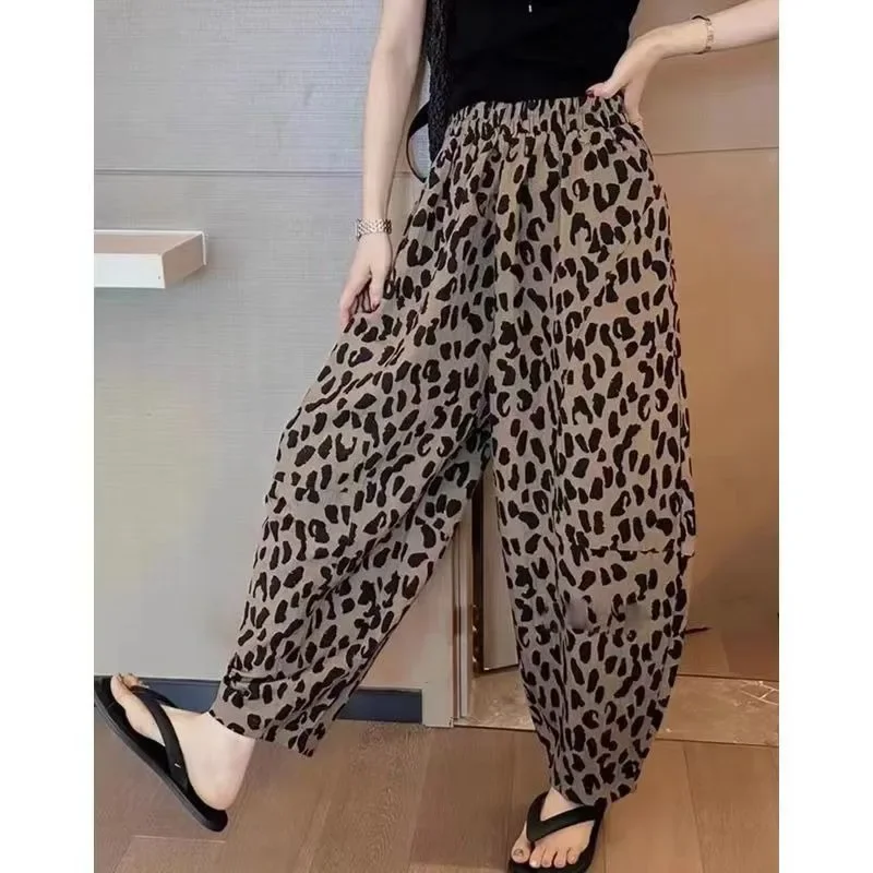 Mulheres casual leopardo impressão tornozelo comprimento calças 2023 cintura alta cordão calça solta jogger moda plus size senhoras calças pop