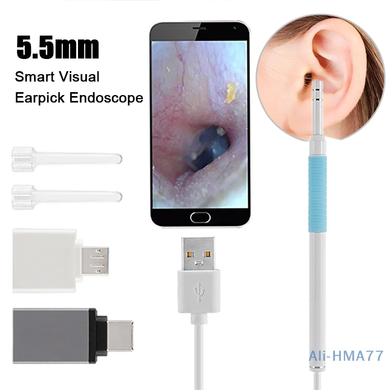 1Set 5.5mm Smart Visual Earpick Glowing Visual Ear Stick Mini Camera Endoscope Spoon Earwax Removal Cleaning Mouth Nose Otoscope